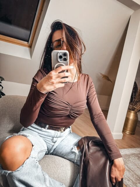 bluzka brązowa, brązowa bluzka z długim rękawem